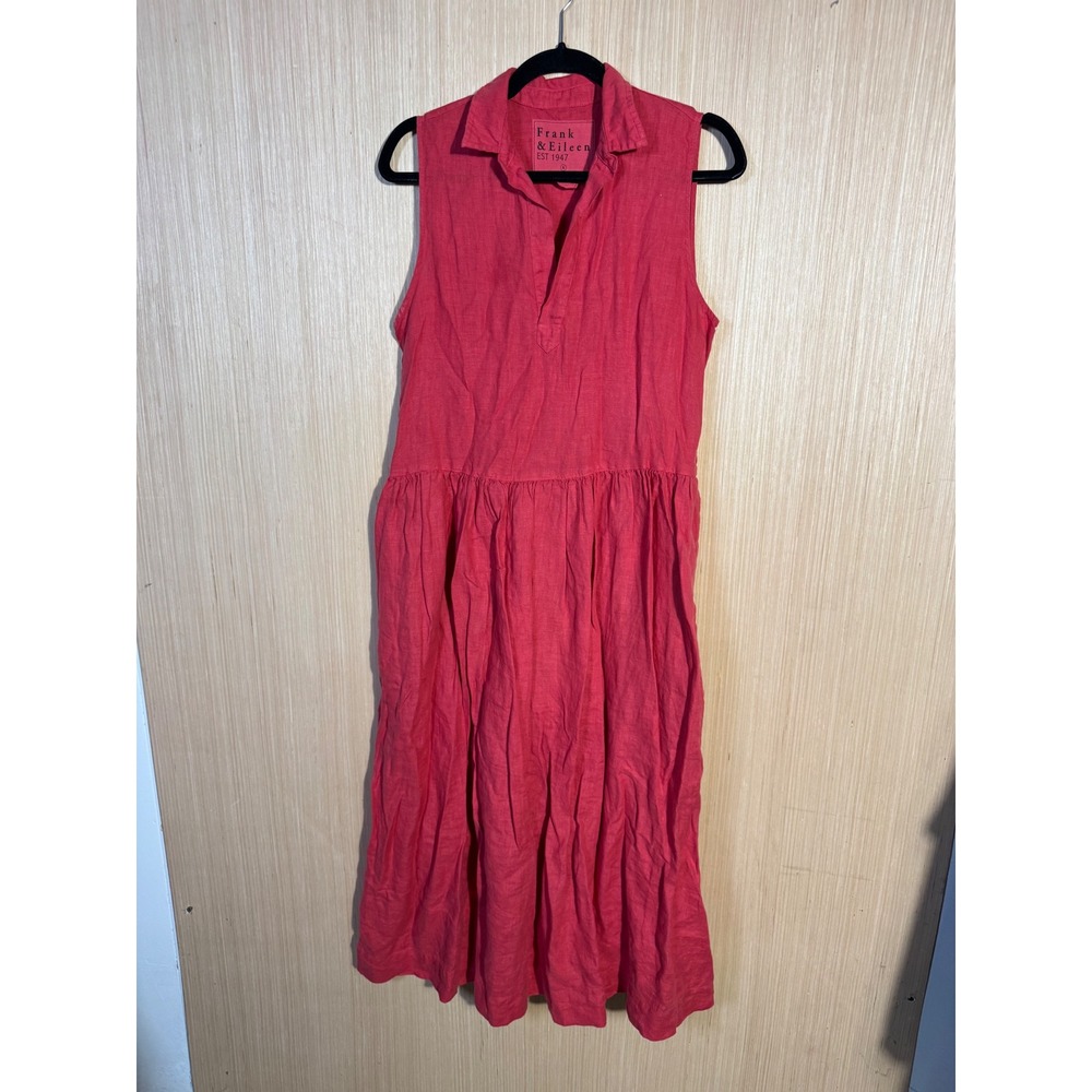 Frank & Eileen Daphne Red Linen Sleeveless Midi Dress Small Pockets V-Neck